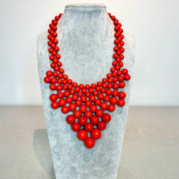 Beaded Bib Necklace, Orange Acrylic with back Clasp 20” - Picture 2 of 3